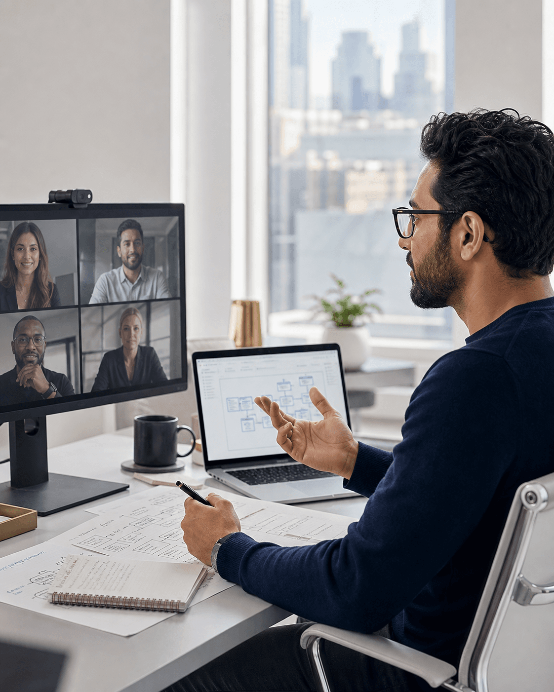 Remote software planning session with a distributed business team on a video call