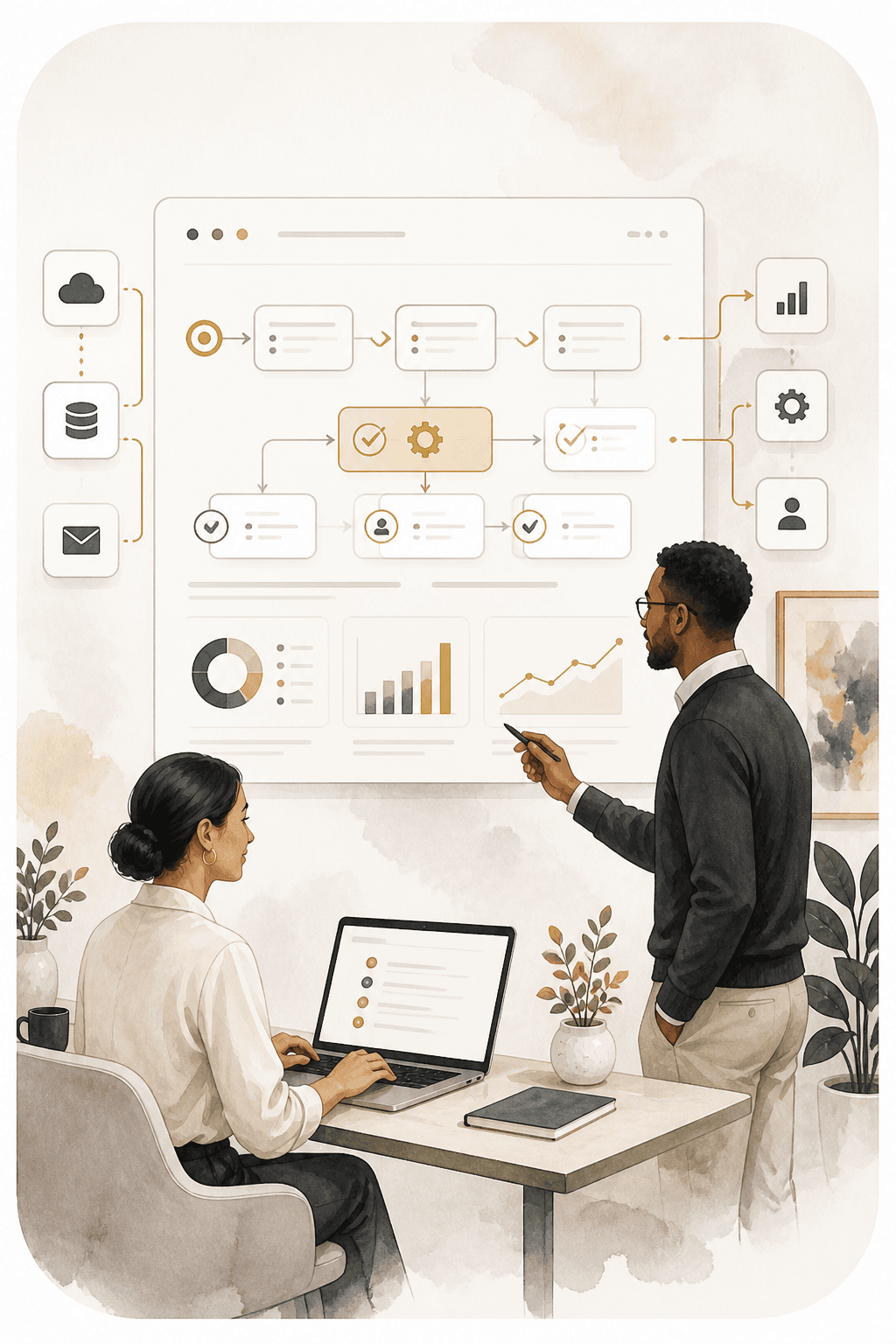 Two professionals mapping connected automated business workflows