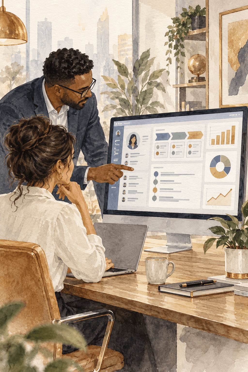 Business professionals reviewing customer records and sales workflows in a CRM