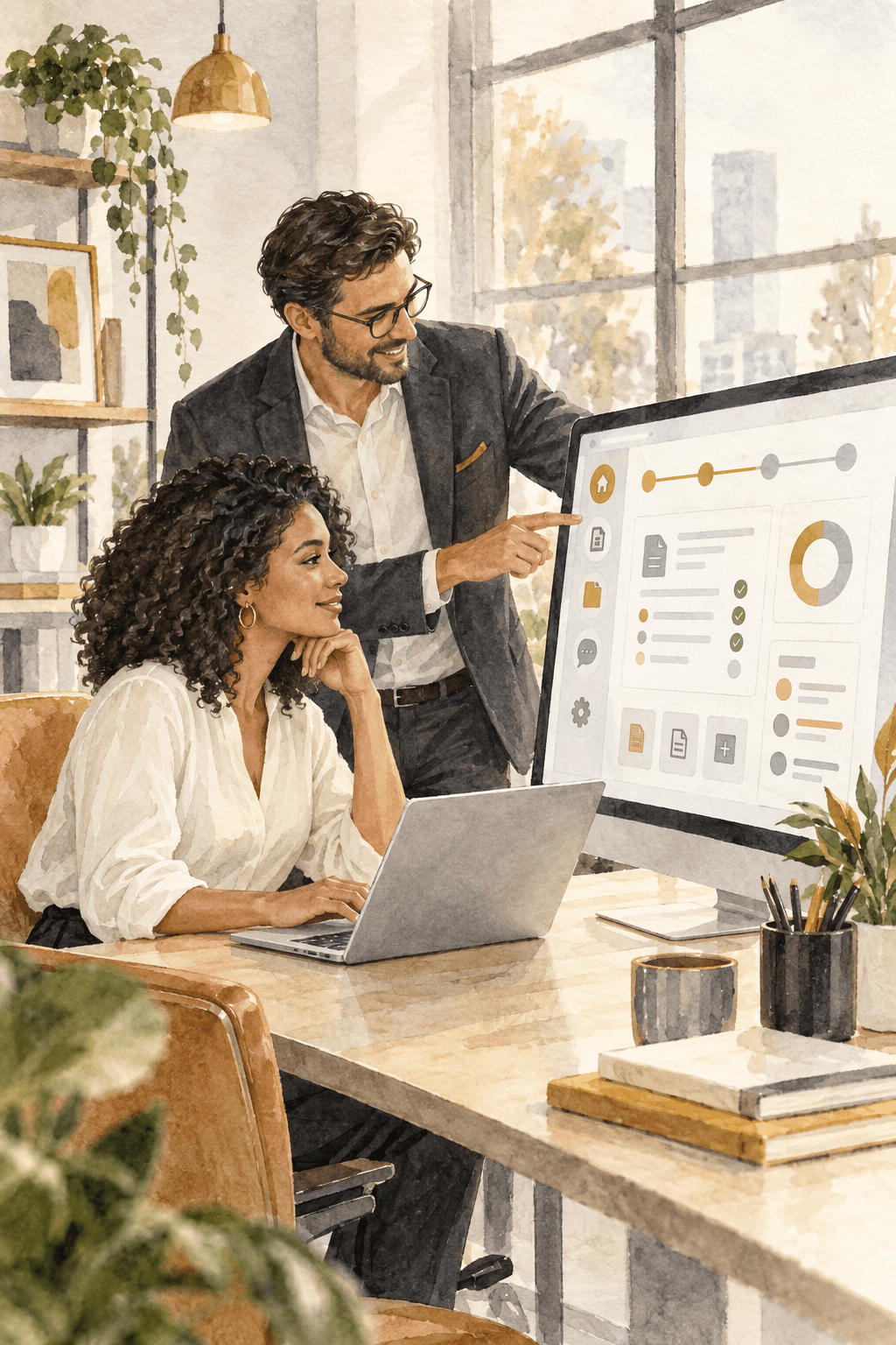 Business professionals reviewing a secure self-service customer portal