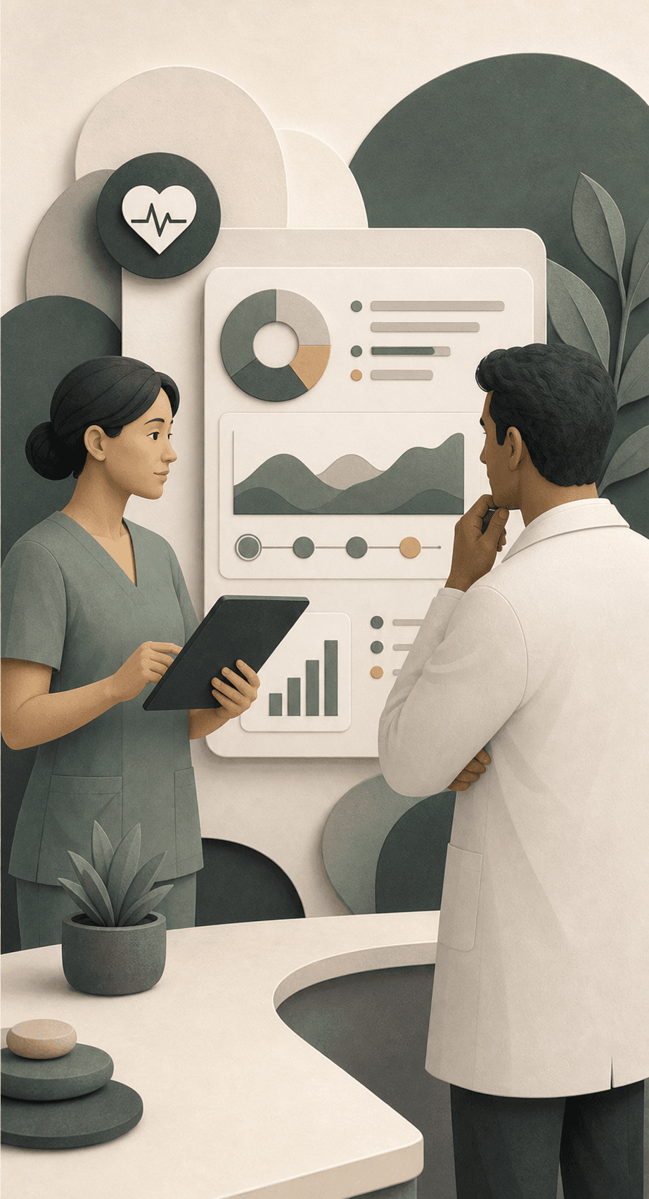 Healthcare professional reviewing an operational dashboard with a colleague