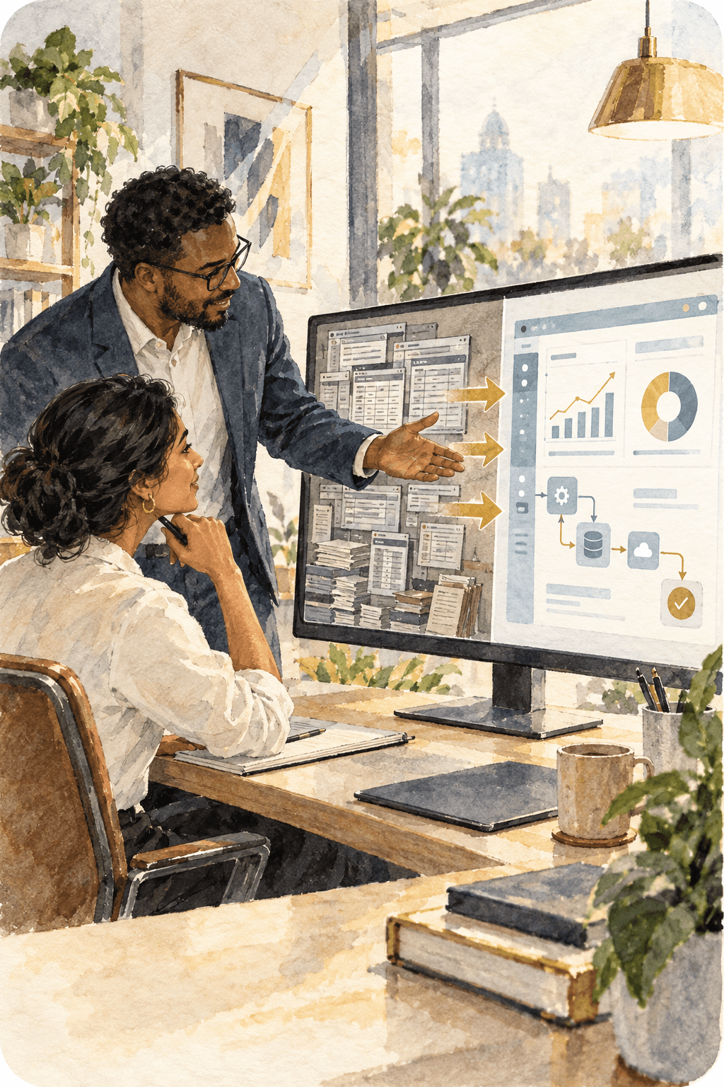 Team reviewing a legacy application transition to a modern business system