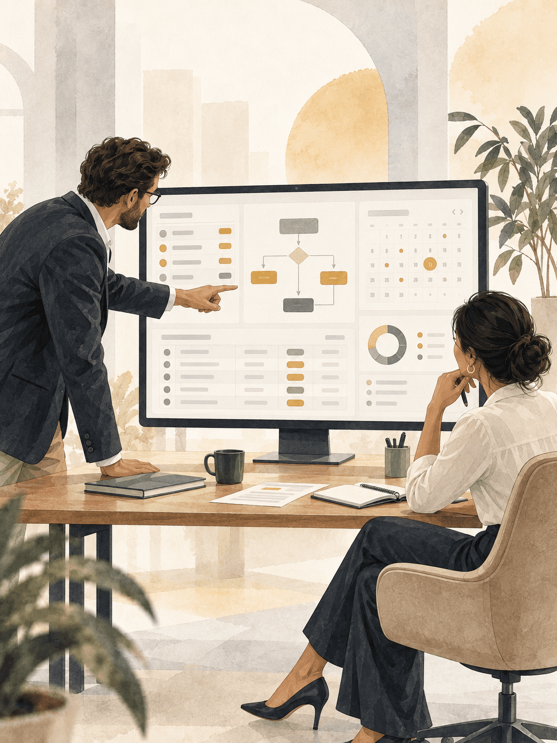 Business team reviewing a custom web application's workflow dashboard