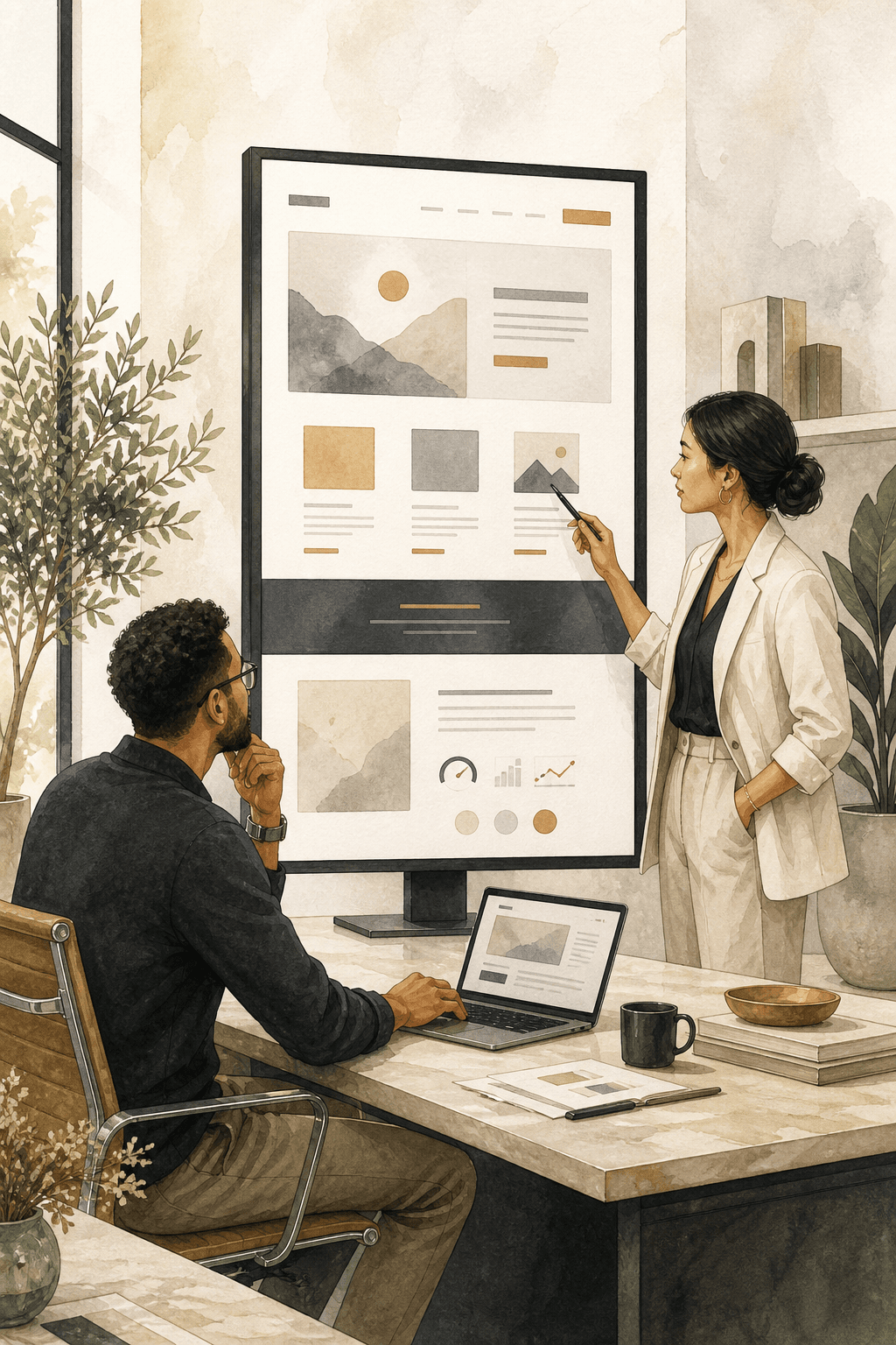 Two professionals reviewing a business website layout on a large screen