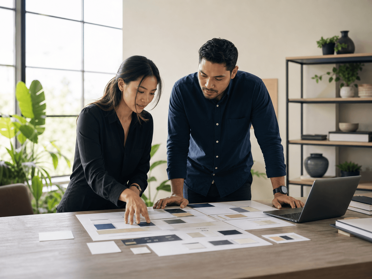 Two professionals collaborating around practical software and workflow plans in a Honolulu workspace