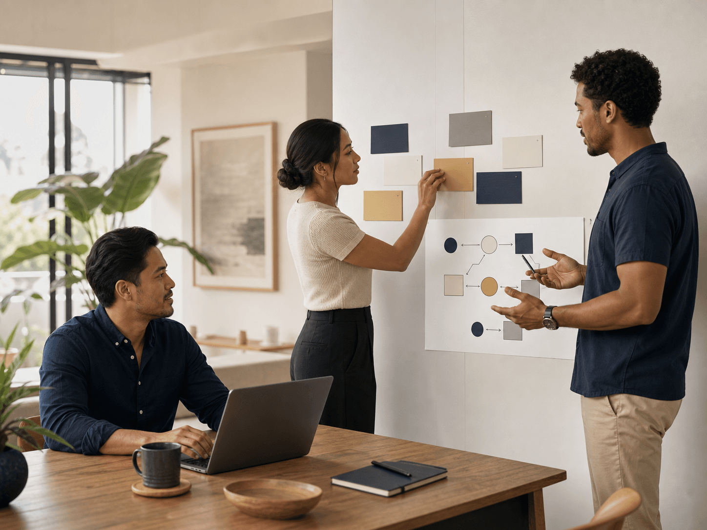 Three professionals collaboratively mapping a practical business workflow
