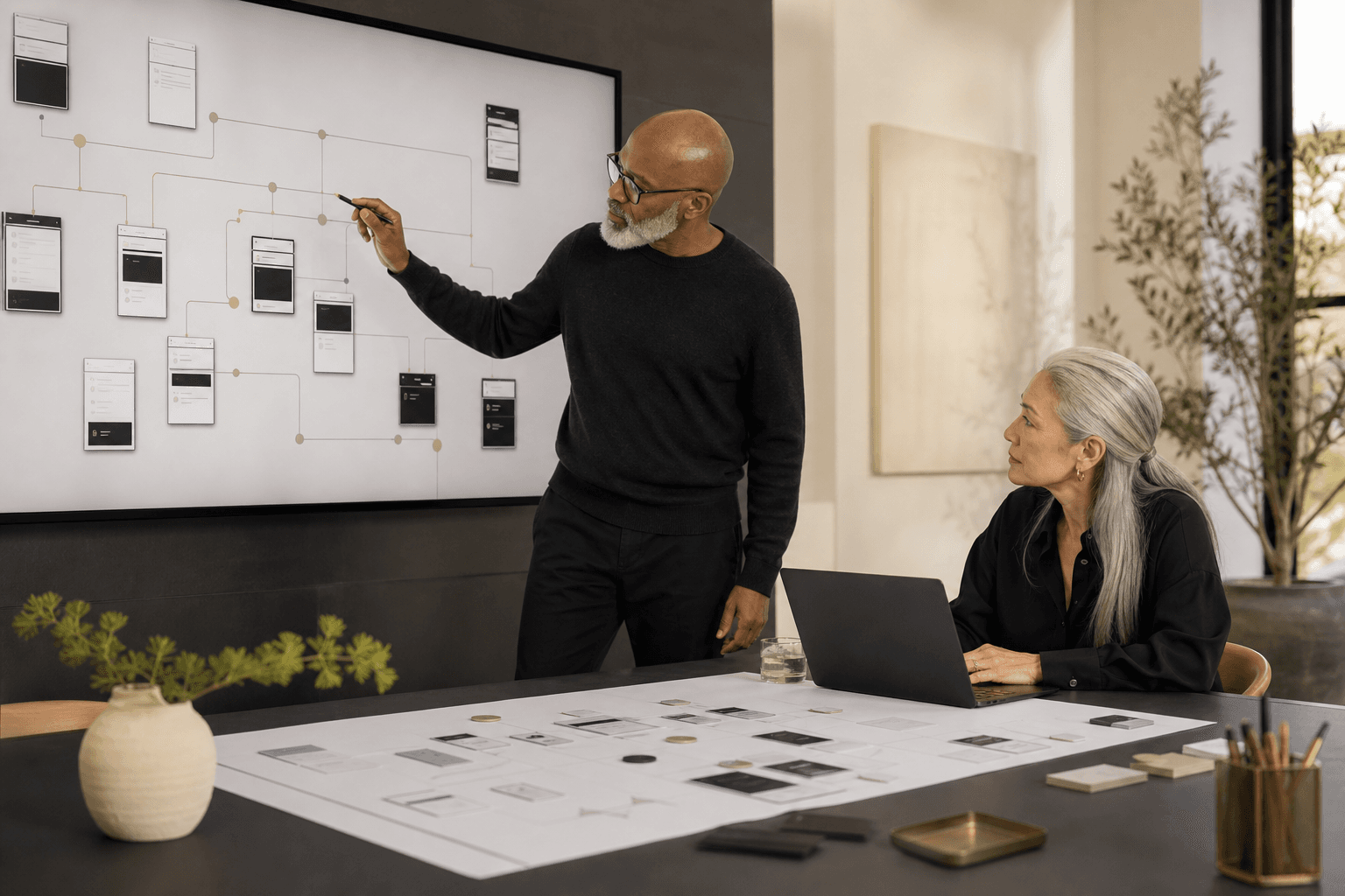 Two technology strategists reviewing application workflows and interface plans