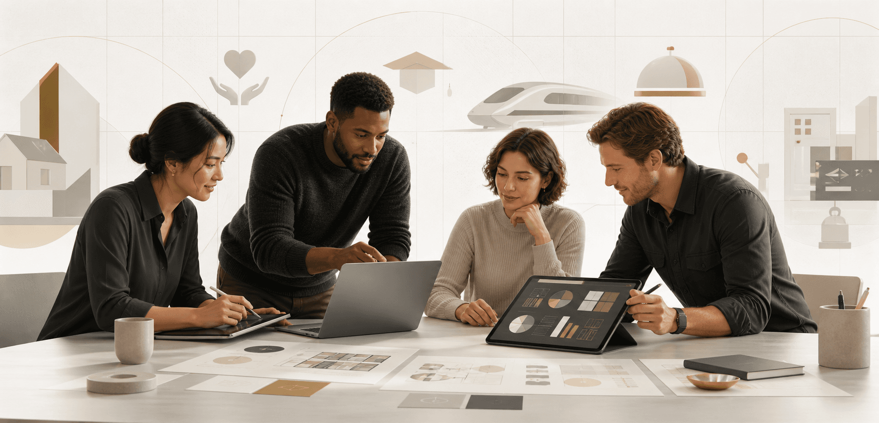 A diverse team collaborating on digital solutions for organizations across industries