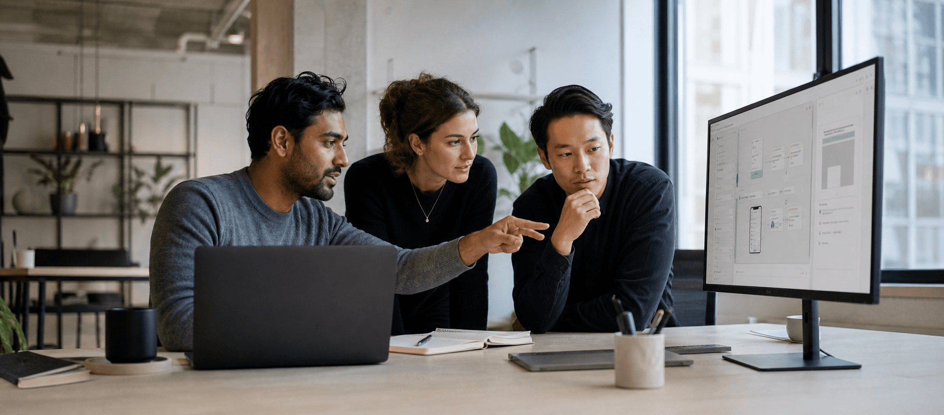 Three professionals collaborating around a software workflow interface