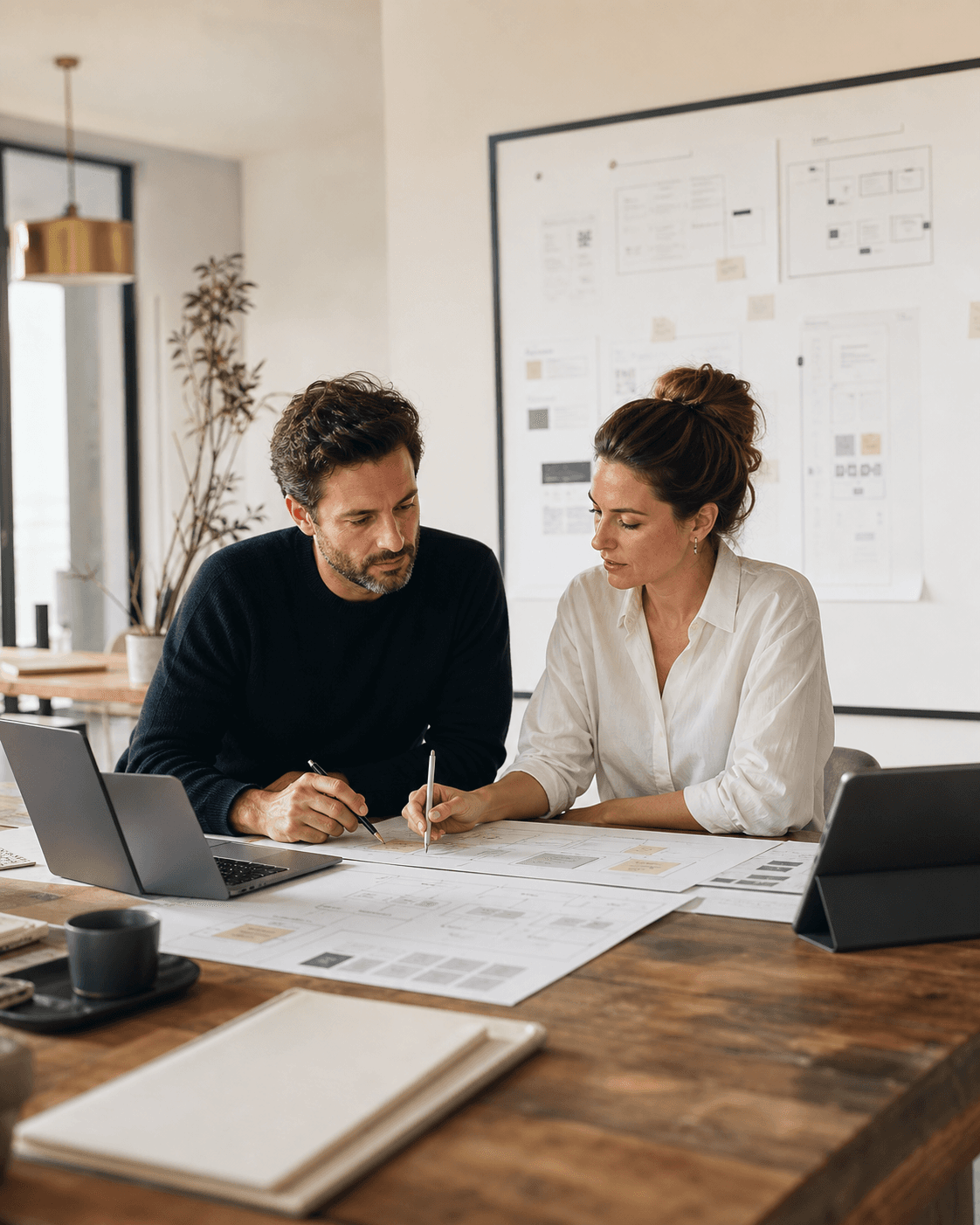Two professionals mapping a product workflow together