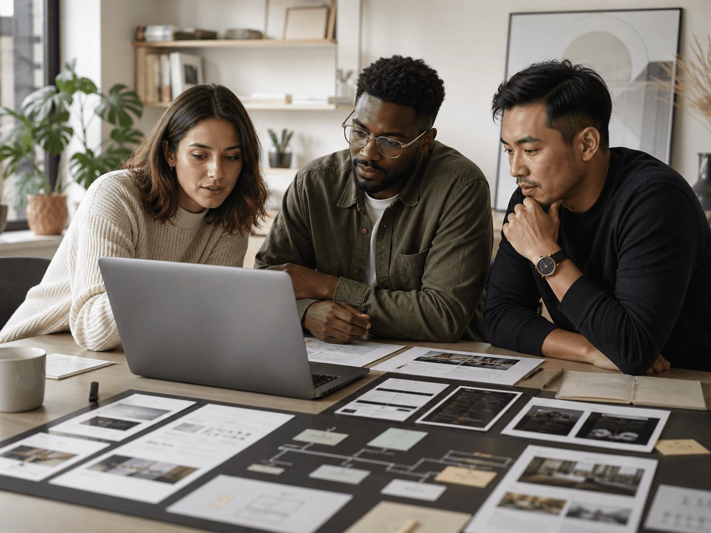 Three professionals reviewing digital product work together