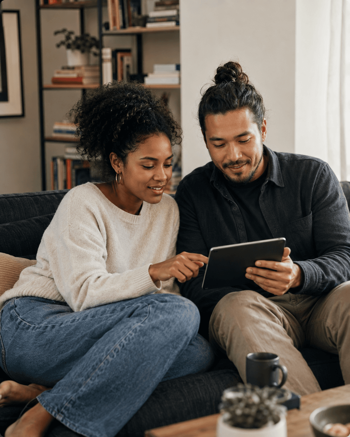 Two people reviewing entertainment content together on a tablet