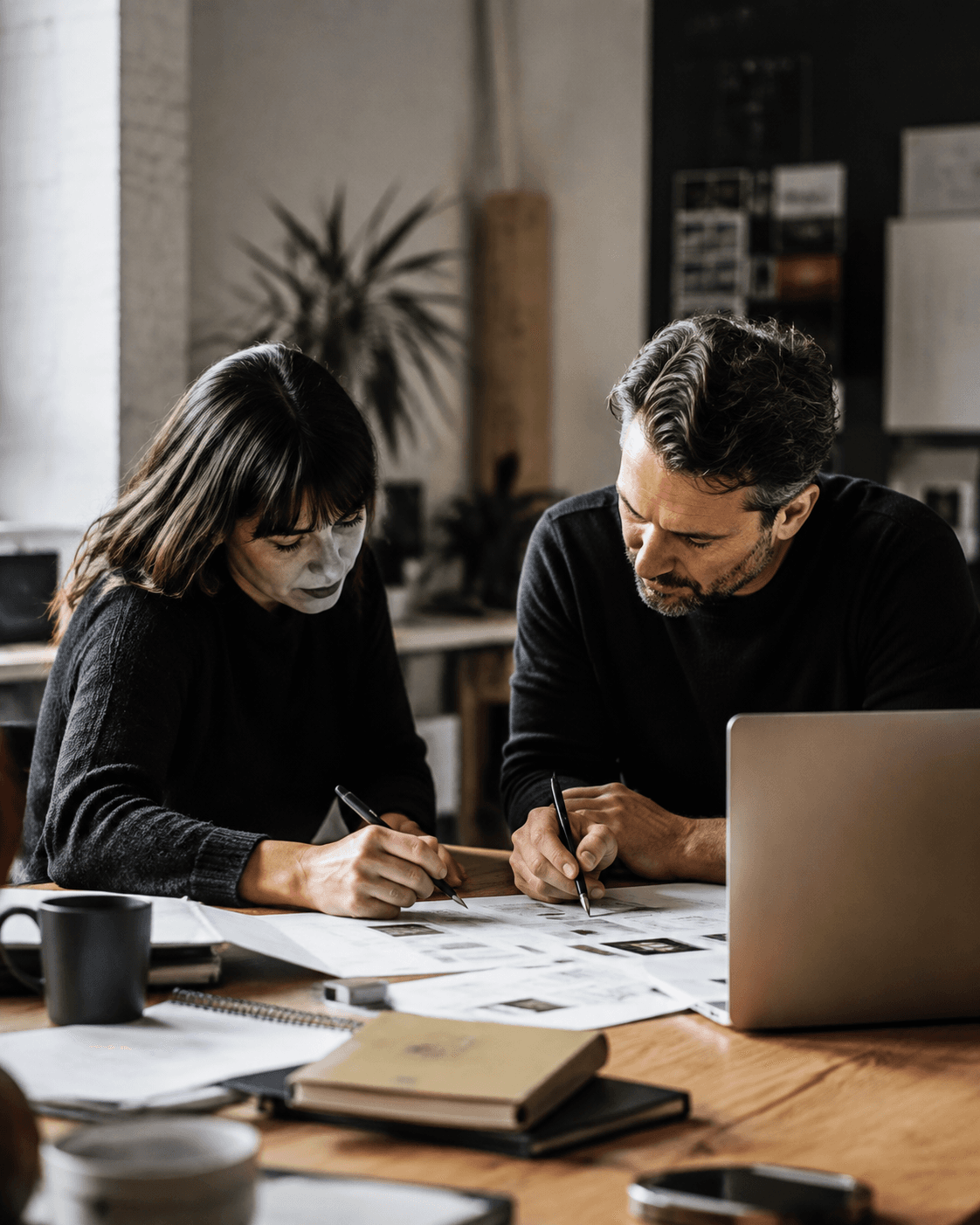 Two colleagues planning entertainment content together at a shared desk