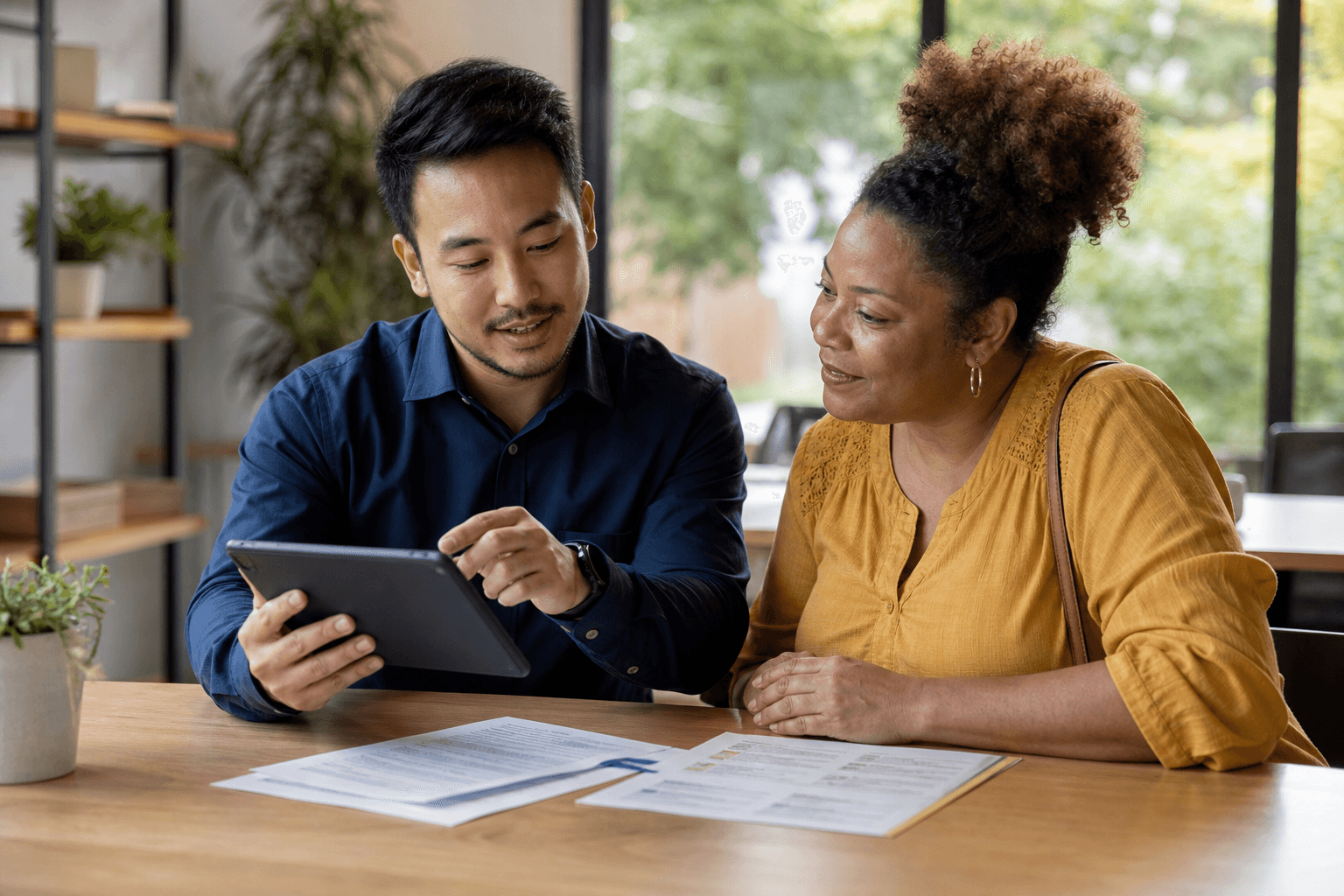Public-program staff member reviewing participant information with a community member