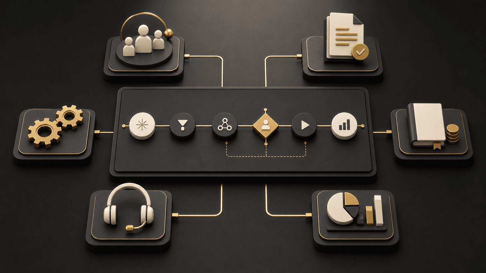Business process automation workflow connecting sales, operations, finance, HR, customer service, and reporting