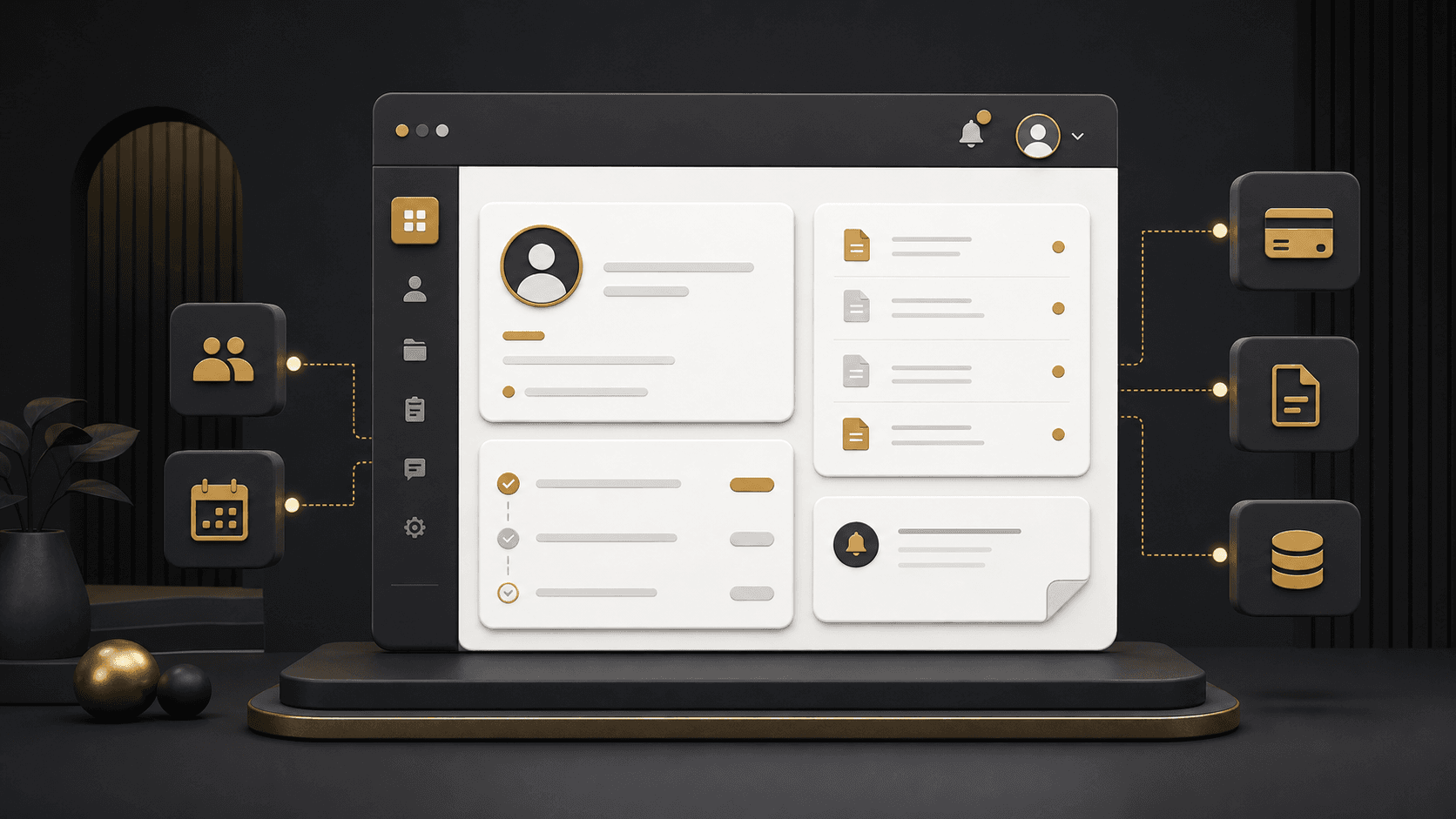 Customer portal dashboard with account information, request tracking, documents, notifications, and connected business systems