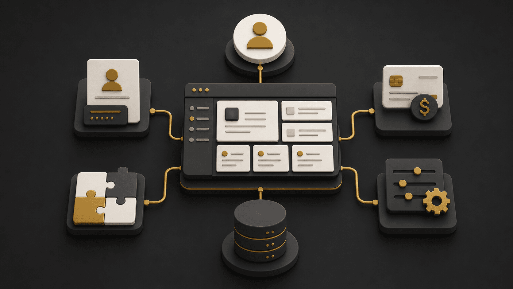 SaaS product architecture showing user accounts, dashboard, subscription billing, database, integrations, and administration