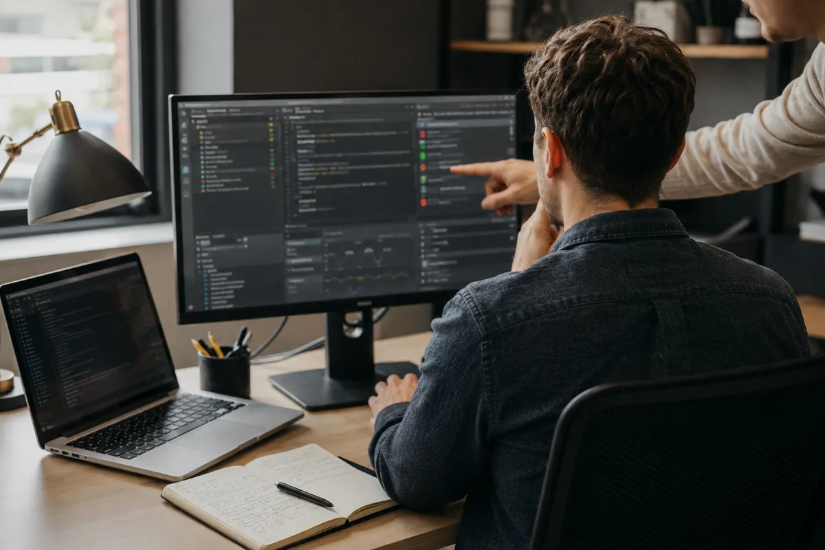 Developers reviewing application diagnostics and maintenance issues at a workstation