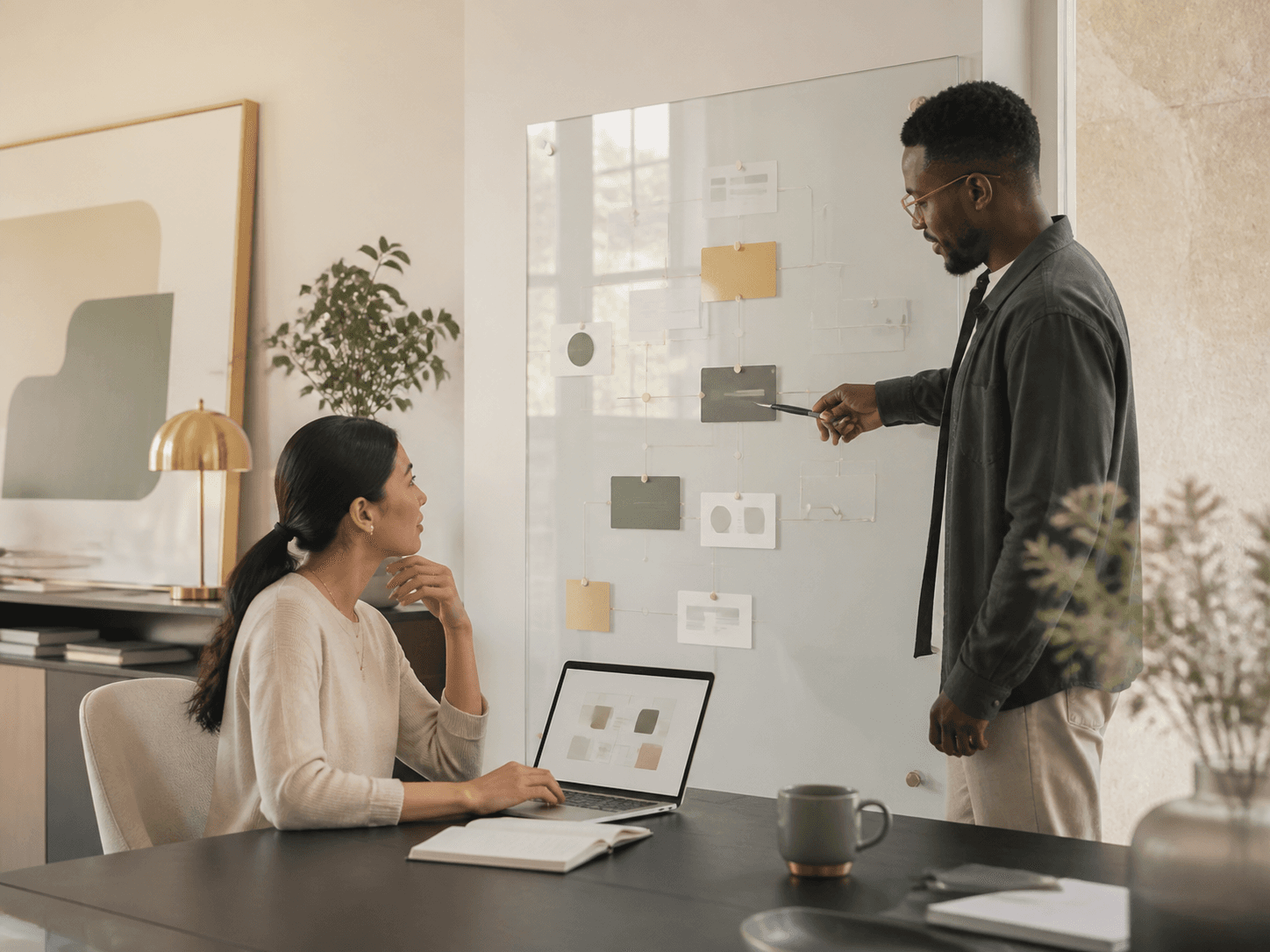 Two professionals reviewing a software project plan together